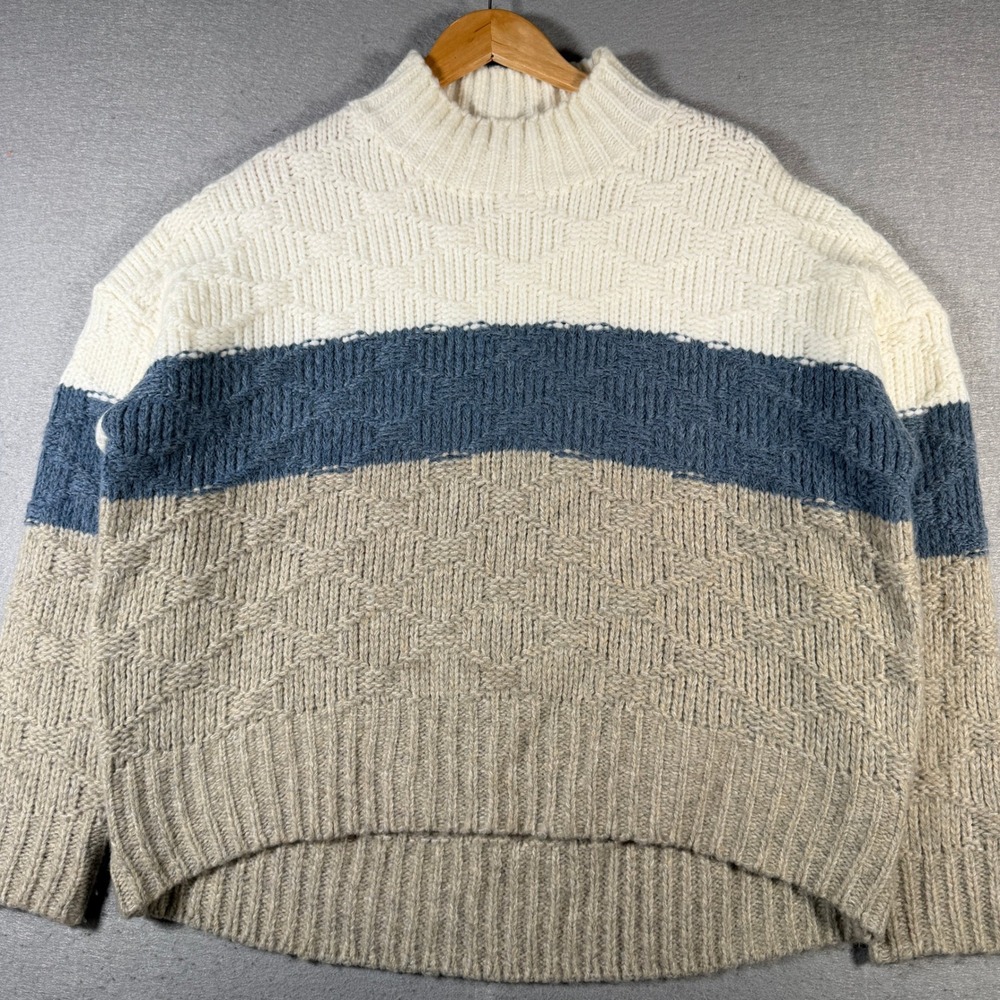 O&O Striped Mock Neck Sweater Oversized Knit Cream‎ Blue Tan Size S